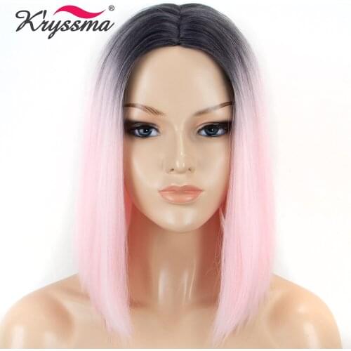 Kryssma Short Bob Wig Pink Wig Ombre Dark Roots to Baby Pink Straight Synthetic Wigs for Black Roots Middle Parting Heat Fiber