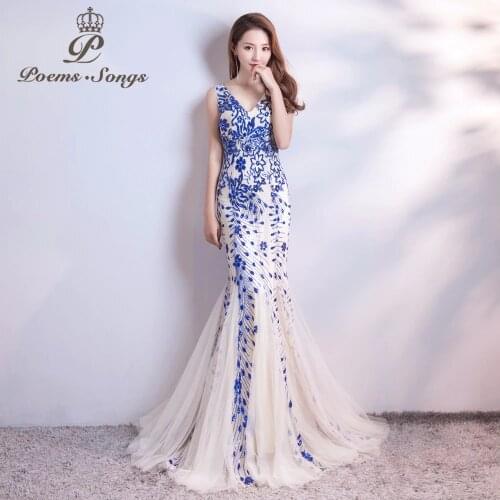 Poems Songs New sequins Mermaid Evening Dress prom gowns Formal Party dress vestido de festa Elegant Vintage robe longue