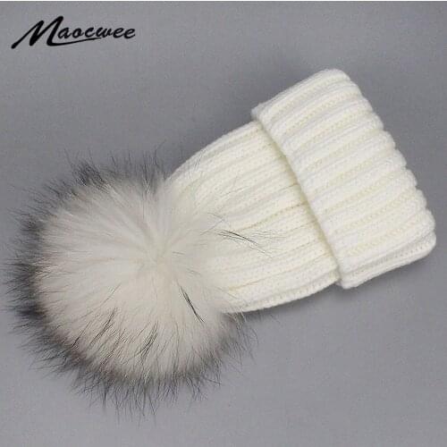 Girl Boy Kids Lady Dyeing Colorful Raccoon Fur Pompom Hat Women Winter Knitted Beanies Cap Hat Loose Warm Solid Pom Pom Hat Bone
