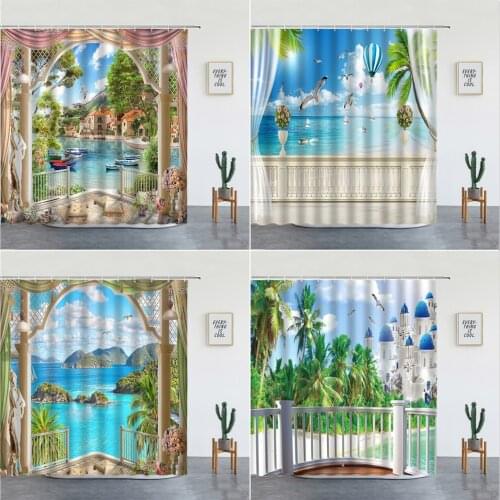 3D Natural Scenery Shower Curtains European Mediterranean Landscape Ocean Flowers Plant Bathroom Decor Bathtub Screen With Hooks
