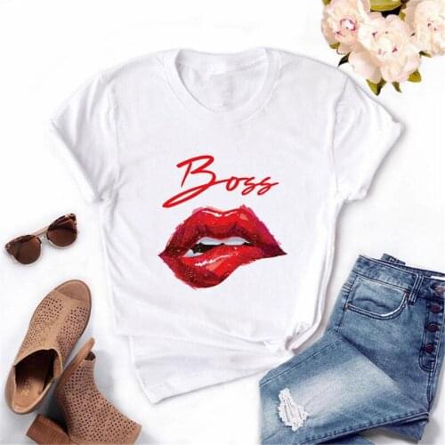 Red Lips Graphic Printed T Shirt Hot Sales Harajuku Women Cartoon T-shirt Fashion Tshirt White Tops Tee Female Casual Clothes