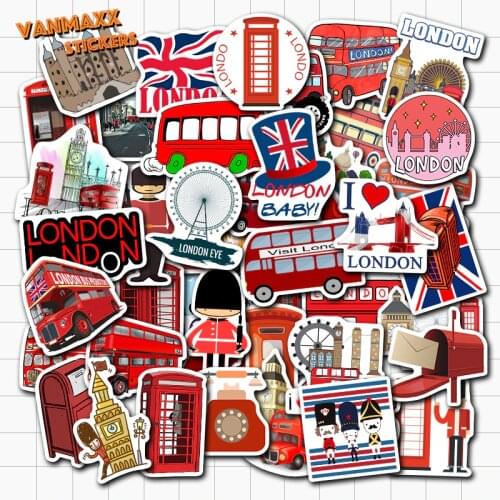 VANMAXX 50 PCS London Red Bus Telephone booth Landmark Stickers Waterproof Vinyl Decal for Laptop Helmet Bicycle Luggage Guitar