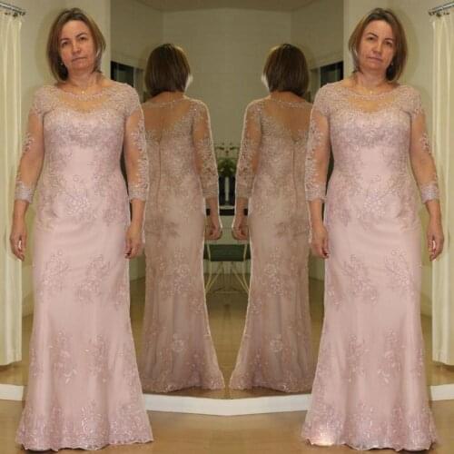 Modern Lace Mermaid Mother of the Bride Dresses Plus Size Floor Length Pink Long Sleeve Formal Evening Gowns