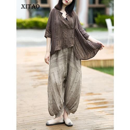 XITAO Solid Color Vintage Women Pant Sets Large Size Loose Art Irregular Side Belt Summer New Fashion Simplicity WMD1581
