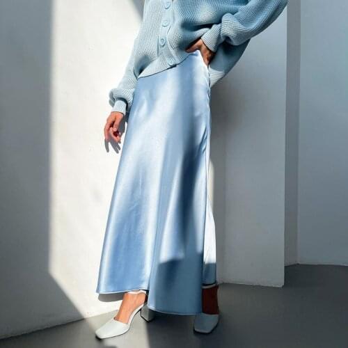FSDA 2021 Summer Midi Satin Skirt Women Elegant High Waist Office Vintage Lady Spring A Line Long Skirts Casual Blue Fashion