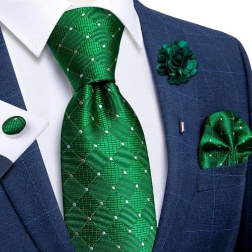 Green Plaid Dot Ties For Men Wedding Party Luxury mens Ties and Pocket Square Set Brooch Fashion Men Accessories 8cm Neck Tie