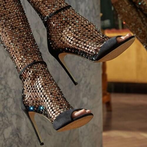 Ladies Glitter Rhinestone Mesh Knee High Summer Boots One Strap Thin High Peep toe Bling Crystal Sandals Boots Women