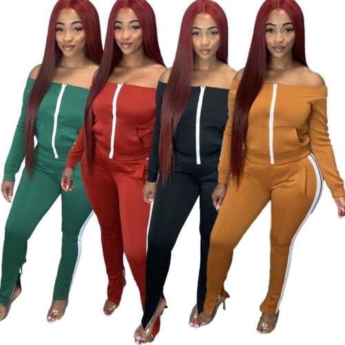 RStylish 2021 Autumn Sexy Off Shoulder Side Stripes Patchwork Long Sleeve Zipper Top Slim Pants Women Two Piece Set