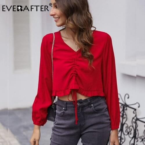 EVERAFTER Ruffles lace up solid blouse shirt women sexy v-neck long sleeve drawstring blouses Autumn elegant chic work wear tops