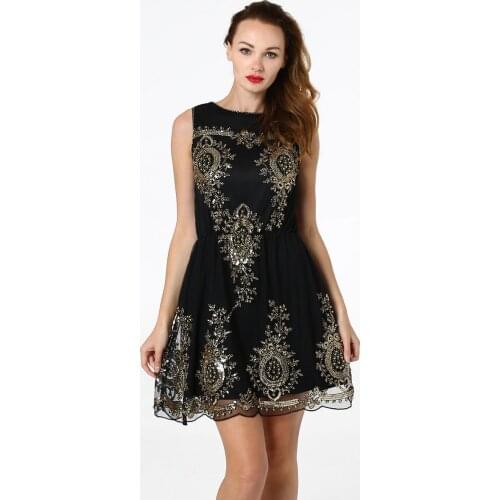 Summer Sexy & Club A-line Geometric Sleeveless Fashion Elegant Sexy Backless Chiffon Round Neck Womem Club Party Sequin Dress