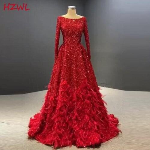 Charming Red Feather Prom Dresses Saudi Arabia Sequined Bling Bling Long Sleeves A Line Evening Gowns Lace Up Back Robe De Soire