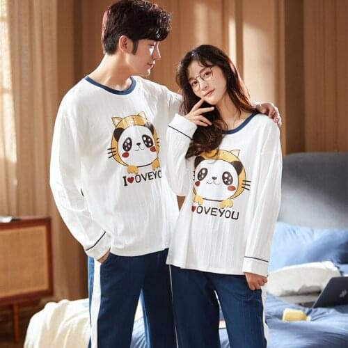Winter Cotton Couple Pajamas Set Leisure Blue Stripes Trousers Sleepwear Cute Cartoon Cats Pattern Lovers Homewear Long Sleeve