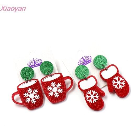 1pair) ER1165-32mm Christmas Gloves Dangle Earrings Snow Cup Earring Red Glitter Acrylic Earrings