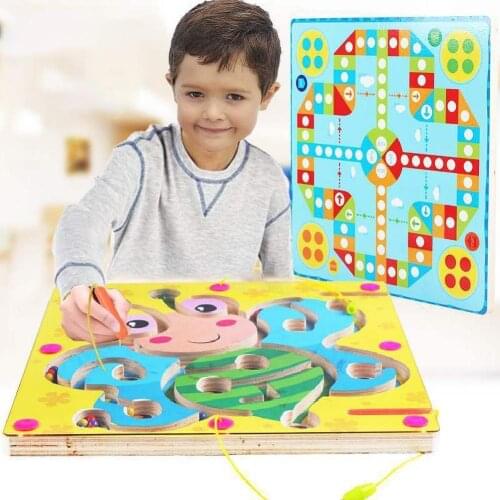 2 in 1 Double-Faced Wooden Flying Ludo Magnetic Puzzle Game Board Kid Toy