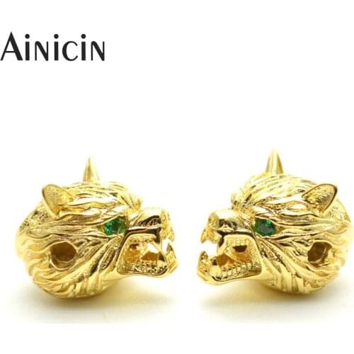 20pcs Gold Color Green Eyes Wolf Head Copper Beads For Bracelet Making Materials