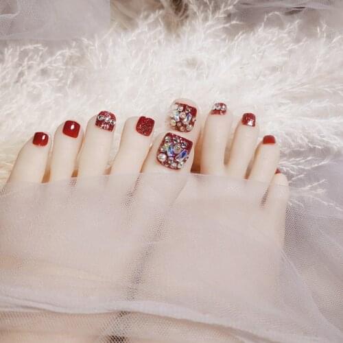 24pcs Full Rhinestone Inlaid Toenail Patch Glue Type Removable Short Paragraph Fashion Manicure False Toenail Patch DL