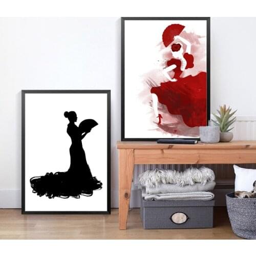 Abstract Spanish Flamenco Dancer Poster Art Print Wall Picture Beautiful Lady with Black/red Dress Canvas Painting Modern Decor