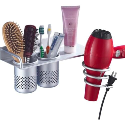 Freeshipping Space Aluminum Bathroom Shelf Set Wall Mount Hair Dryer Racks Stand with 2 Cups Storage Organizer