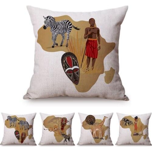 Africa Map Design Home Decor Sofa Throw Pillow Case African Nation Features Mask Wild Animals Style Cotton Linen Cushion Cover