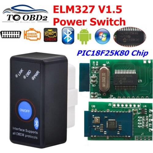 PCB PIC18F25K80 Chip Mini ELM327 Bluetooth V1.5 OBD2 Diagnostic tool with Switch ELM 327 V 1.5 OBD 2 OBDII Code Reader Scanner