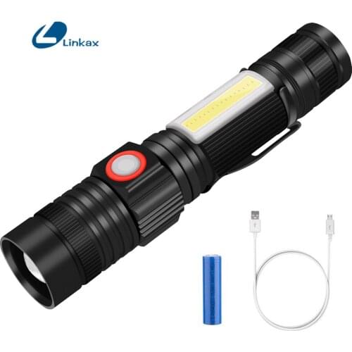 T6 COB Flashlight Most Powerful 4 Modes USB Recharging Zoom Led Torch 18650 Battery Powered Lantern Lamp for Camping Outdoor