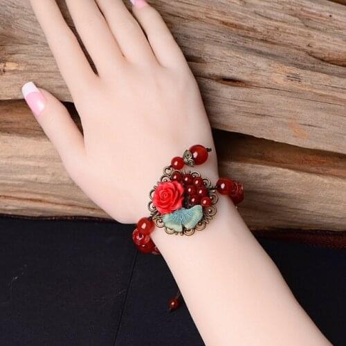 Retro Smooth Comfortable Red Onyx Strand Bracelets Fashion Cinnabar Flower Golden Sand Coloured Glaze Charm Bracelets