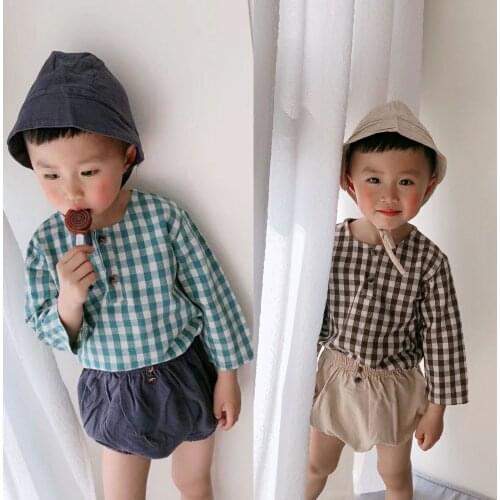 Summer New Baby Boys Plaid Top +Pants +Hat