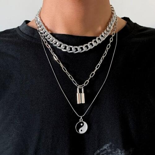 SHIXIN Punk Layered Chunky Chain Tai Chi Pendant Necklace for Men Women Hip Hop Padlock Necklaces Set on Neck 2021 Jewelry Gifts