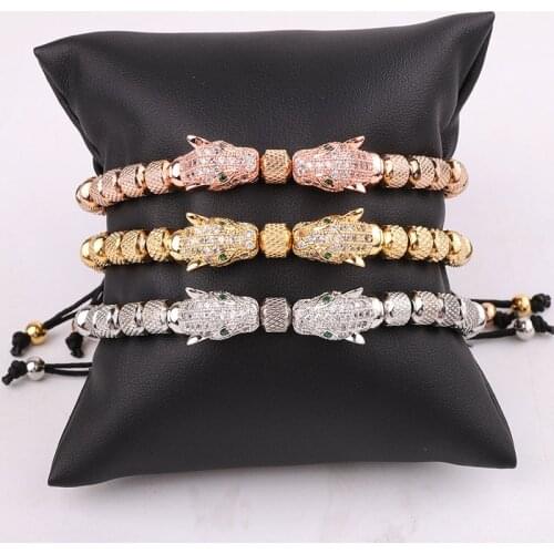 New Design Stainless Steel Beads CZ Pave Leopard Charm Friendship Macrame Adjustable Beads Bracelet For Men