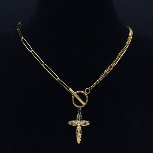 Stainless Steel Catholicism Jesus Cross Charms Necklace Women Gold Color Small Chain Necklace Jewelry colgante cruz N6011S02