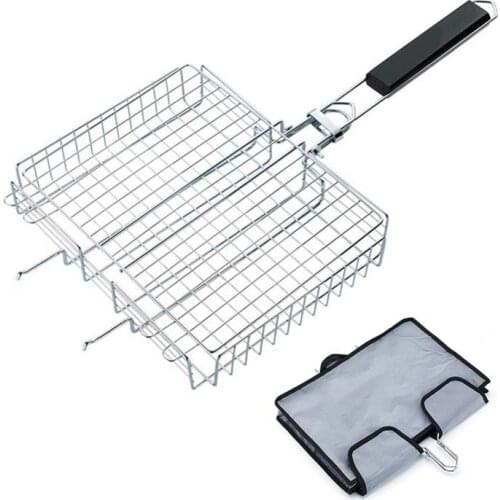 Portable BBQ Grilling Basket Barbecue Stainless Steel Grill Basket with Wooden Handle Grill Mesh for Fish Hamburger Cooking Tool