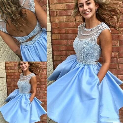 Latest Designs Beaded Cocktail Dresses Satin A-line Homecoming Graduation Dress Sexy Backless Party Gowns Plus Size