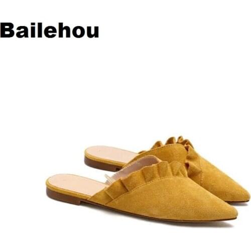 Bailehou Women Slippers Slip On Slides Fashion Mules Flat Women Casual Shoes Falbala Pleated Sandals Summer Slipper Suede Loafer
