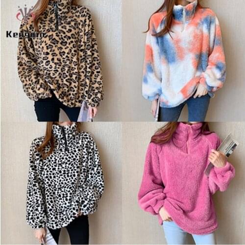 Thick Warm Womens Hoodies 2021 Winter Stand Collor Pullovers Zipper Leopard Female Sweatshirts Loose Ladies Tops Plus Size KN71