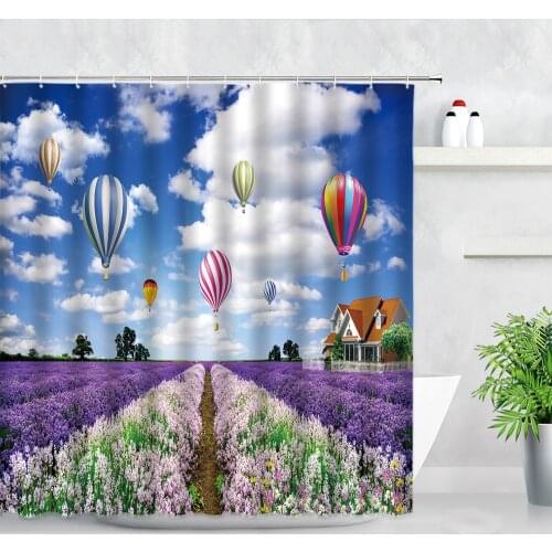 Garden Scenery Flowers Shower Curtain Set Purple Lavender Tulip Hot Air Balloon Modern Waterproof Fabric Bathroom Decor Curtains