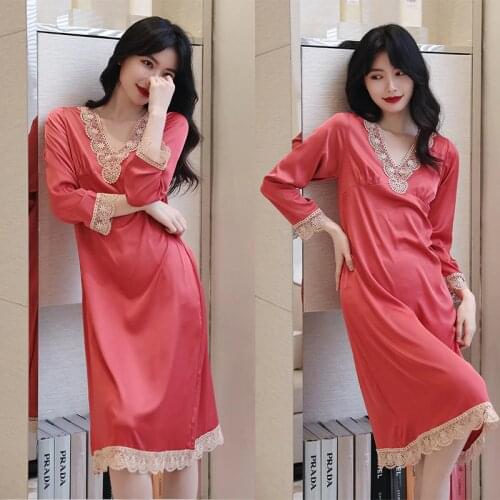 FZSLCYIYI Womens Satin Nightdress Sexy Lace Trim Dress Chemise Long Sleeve Nightgown Silky Satin Sleepdress Sleepwear