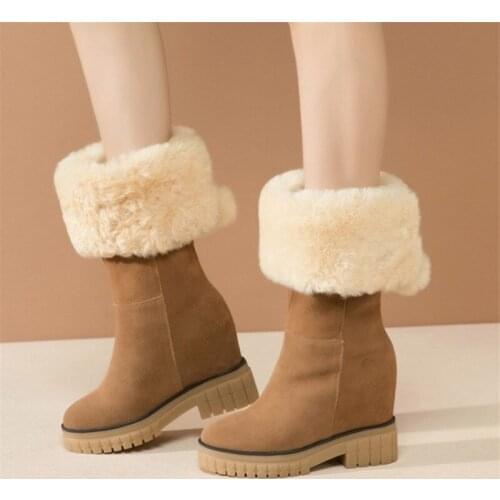 PXELENA Handmade Celebrity Women Fur Snow Boots Cow Suede Hidden High Heels Winter Warm Wool Plush Boots Lady Punk Gothic Shoes