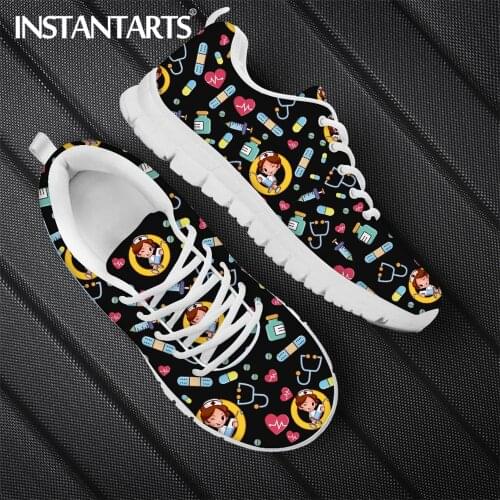 INSTANTARTS Black Medical Shoes Breathable Sneakers Cute Cartoon Nurse Doctor Brand Design Casual Lace Up Flats Zapatos Planos