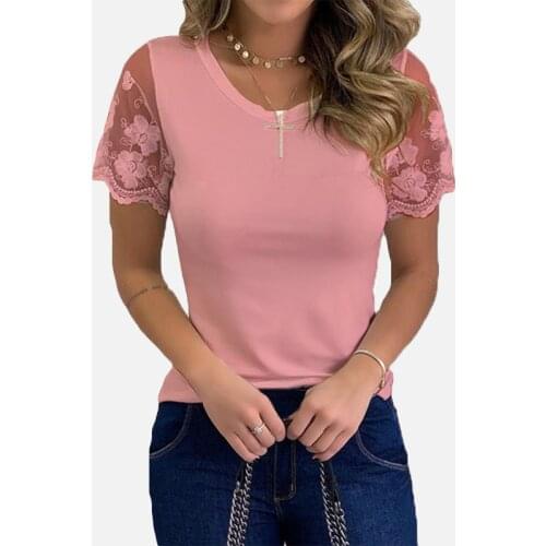 Shirts for Women Casual Summer O Neck Short Sleeve Tops Lace Patchwork Design Slim Fit Pullovers Top 2021 Blusa Mujer