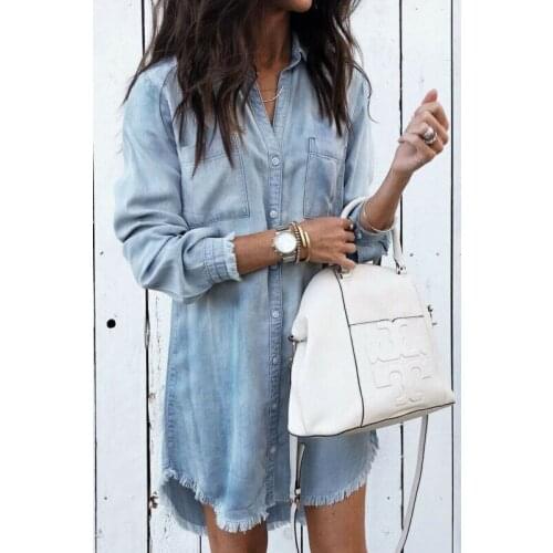 Women Long Sleeve Loose Denim Shirts Dress Summer Casual Female Jeans
