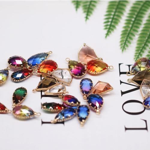 4pcs Gradual rainbow medium colors 2faces cuts crystal glass stones pendant plated copper edge beads diy earring founding
