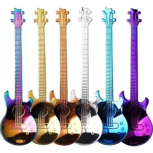 6pcs Guitar Spoons Coffee Teaspoon Set,6pcs Stainless Steel Colorful Dessert Spoon Rainbow Tableware Creative Flower Tea