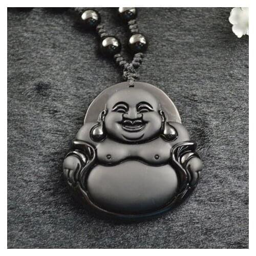 Large Pendant 50mm Chinese Laughing Buddha Pendant Necklace Natural Black Obsidian Jewelry 5pc/lot