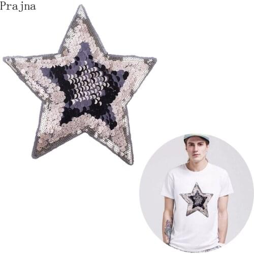 Prajna Black Silver Star Patch Large Sequin Patches Embroidered Iron On Patches For Clothes Jeans Fabric Sewing Supplies Badges