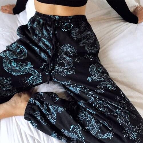 Black Goth Women Hipster Sport Long Pants 2020 Lady Dragon Drawstring High Waist Punk Trousers Gothic Hip-hop Cool Wide Leg Pant