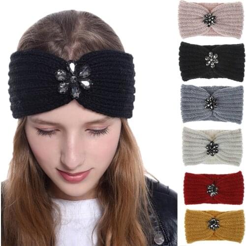 CN Winter Knitted Warmer Ear Headbands For Women Girls flower Rhinestone Hairbands Turban Headwrap Hair Accessories