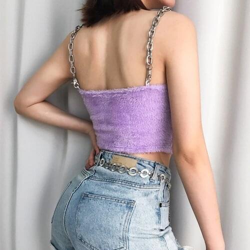 Sexy Fashion Women Summer Casual Sleeveless Plush Camis T-shirt Sleeveless Fur Metal Chain Strappy Crop Top Purple Tops