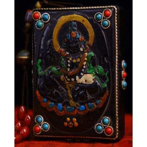 3"Chinese Folk Collection Old Natural horns Tracing mosaic gem Dzi Bead Huang Caishen Pendant amulet Town House Exorcism