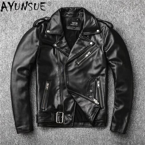 Fashion Genuine Leather Jacket Slim Motorcycle Sheepskin Coat Streetwear Biker Men Clothing Chaquetas De Cuero Hombre WPY3666