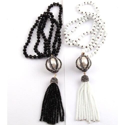 Fashion Bohemian Tribal Jewelry Black/White Crystal Glass Knotted Handmake Paved Big Ball and Tasse Necklaces